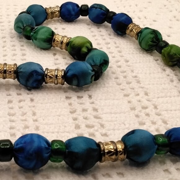 Fabric Wrapped Bead Necklace in Blues and Greens with Silver Metal Spacers - Picture 1 of 5